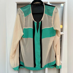 BCBGMAXAZRIA Cream Teal Black Color Block Front Zip Sheer Blouse Size XL